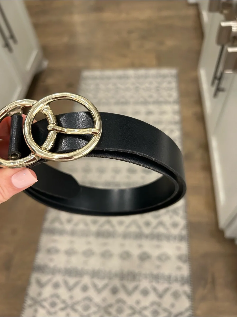 Classic Black Leather Belt with Gold Double-Ring Buckle